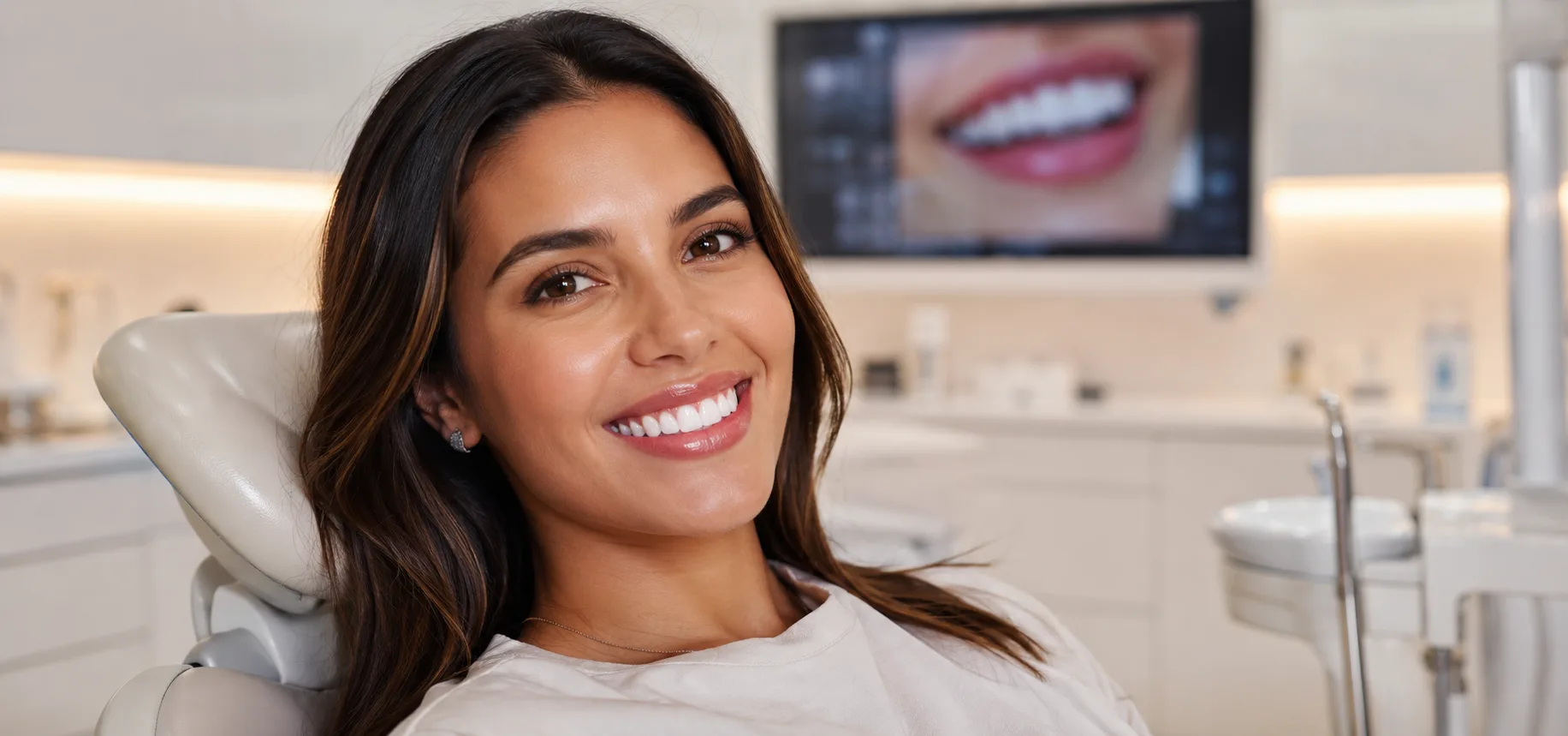 Patient smiling in a modern Colombian dental clinic with Digital Smile Design screen