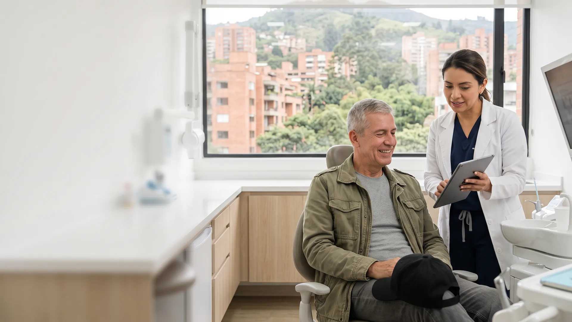 A veteran in an olive jacket smiles in a dental chair while a dentist in Medellín shows him a treatment plan on a tablet